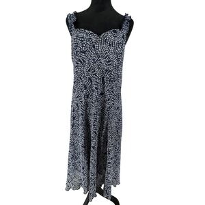 Womens Navy Floral Midi Dress Sweetheart Ruffle Strap 14 Coquette Feminine Flowy